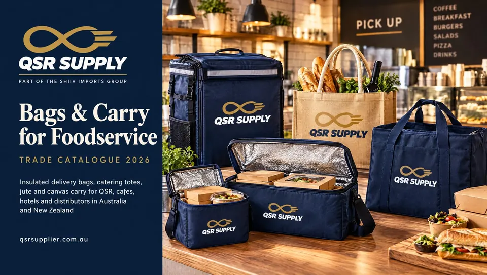 Catalogue cover showing insulated bags, totes and shoppers for foodservice