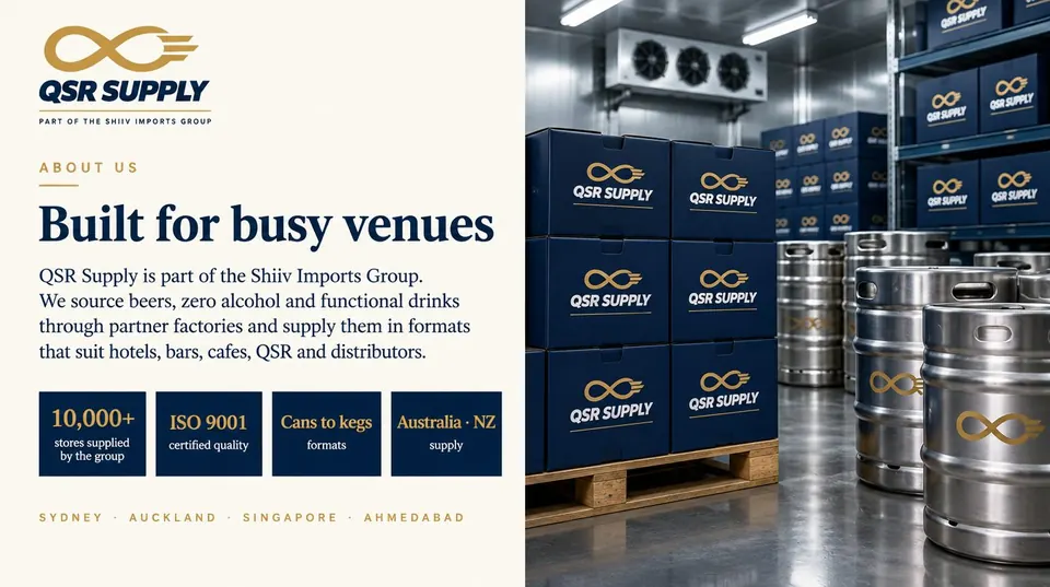 Inside page of the beverages catalogue showing cans and bottles for venues