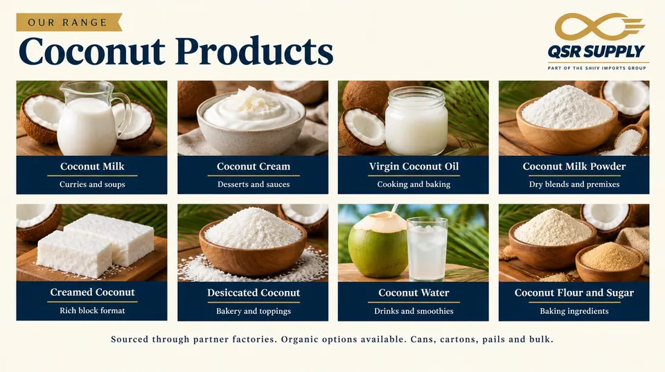 Inside page of the coconut products catalogue showing oil and dry coconut lines
