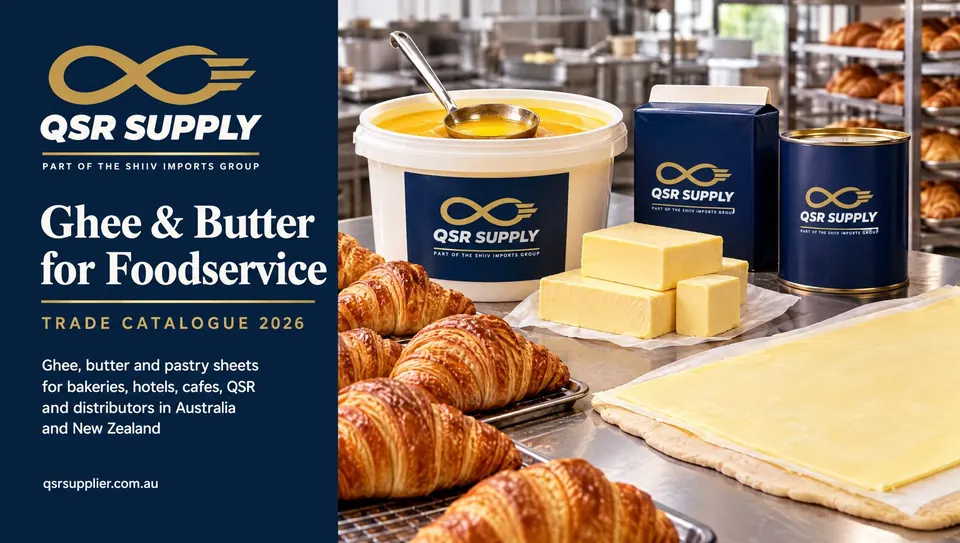 Catalogue cover with tins of ghee and blocks of butter for foodservice kitchens