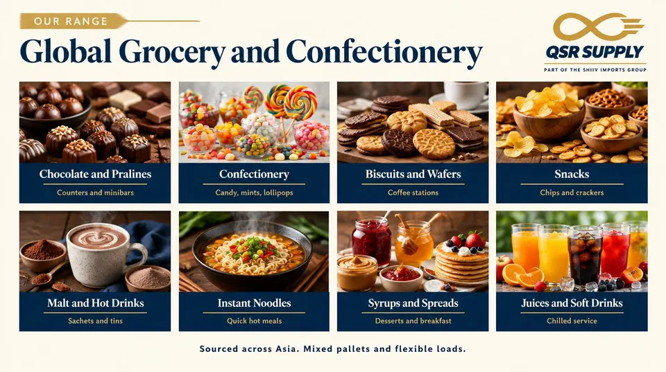 Inside page of the global grocery catalogue showing snacks, noodles and drinks
