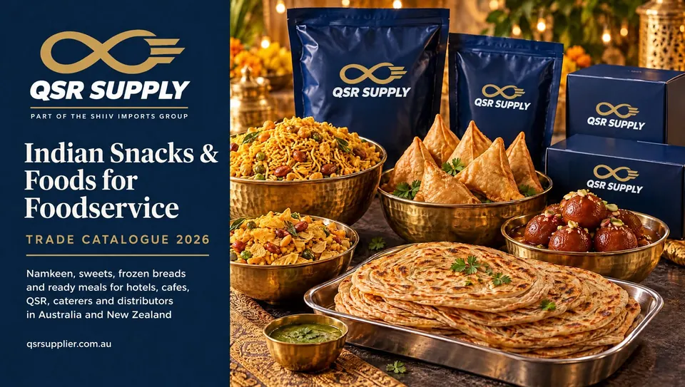 Catalogue cover showing namkeen, sweets and frozen snacks for foodservice