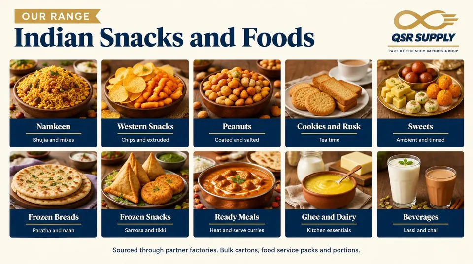 Inside page of the Indian snacks catalogue showing sweets and frozen lines