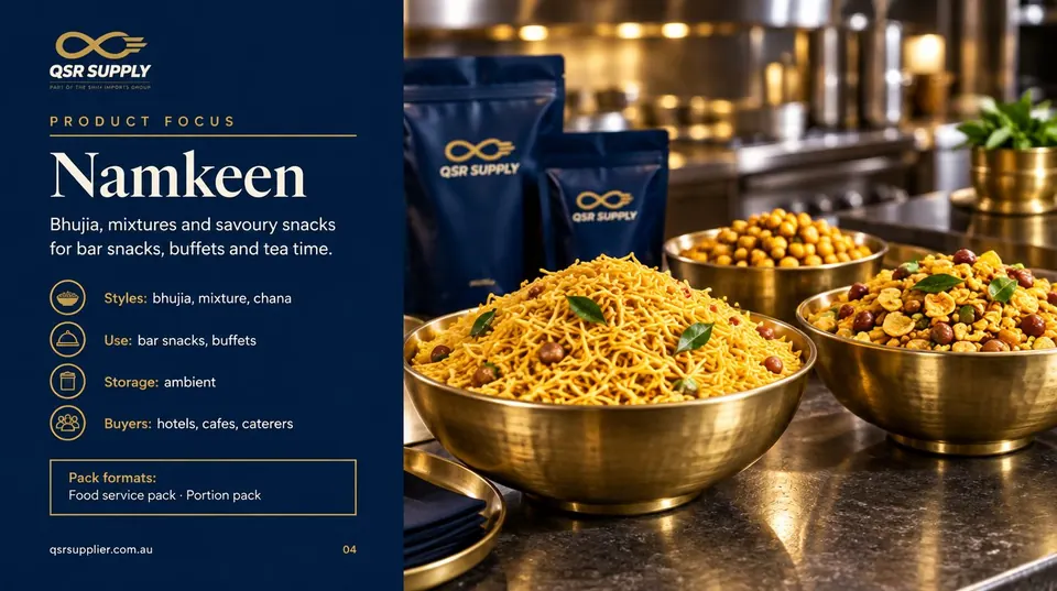 Inside page of the Indian snacks catalogue showing lines a buyer can brief
