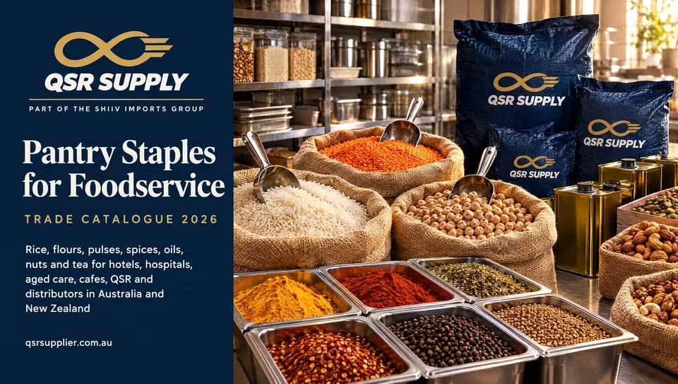 Catalogue cover showing rice, spices, oils and dry staples for foodservice kitchens