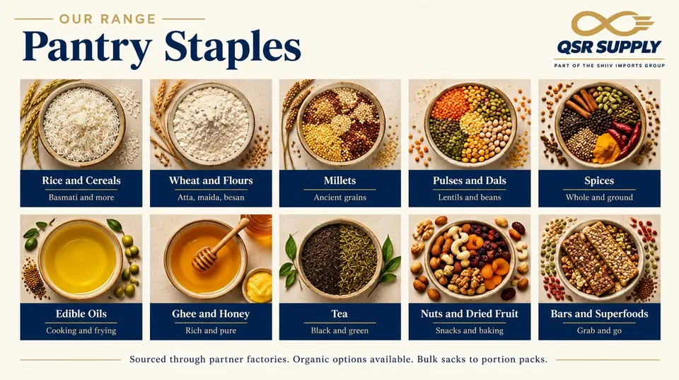 Inside page of the pantry staples catalogue showing spices, oils and tea