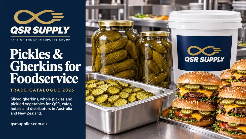 Catalogue cover showing gherkins, relish and pickled vegetables for foodservice