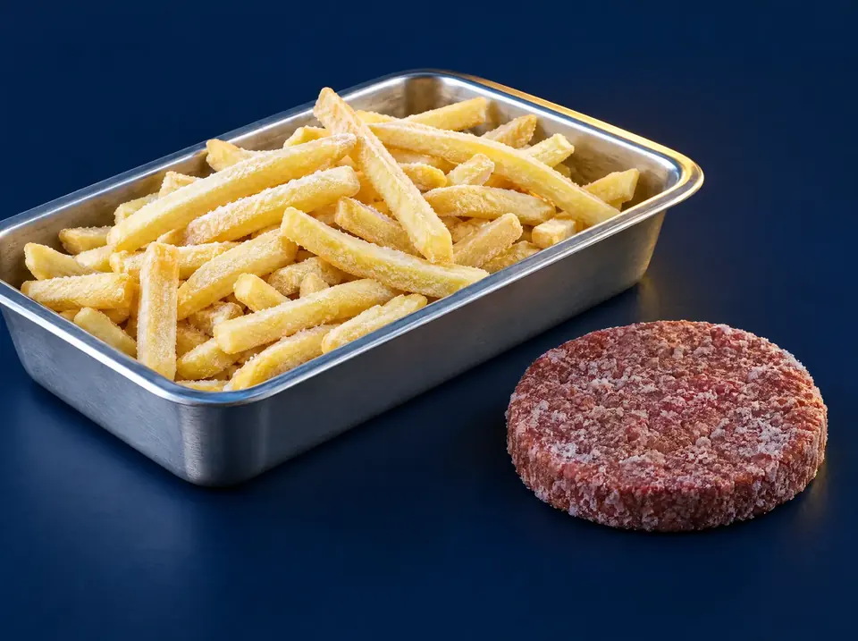 Open cartons of frozen chips and round frozen patties on a stainless bench