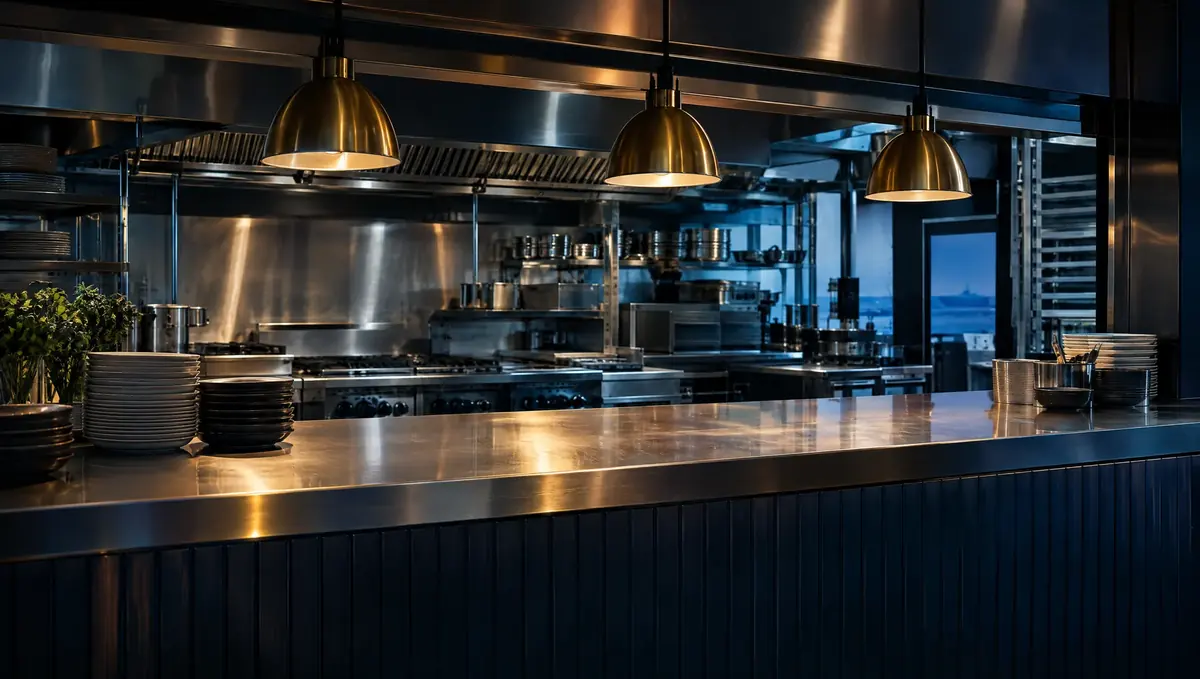 Stainless QSR kitchen pass with heat lamps, fryers and a ticket rail, in cool side light