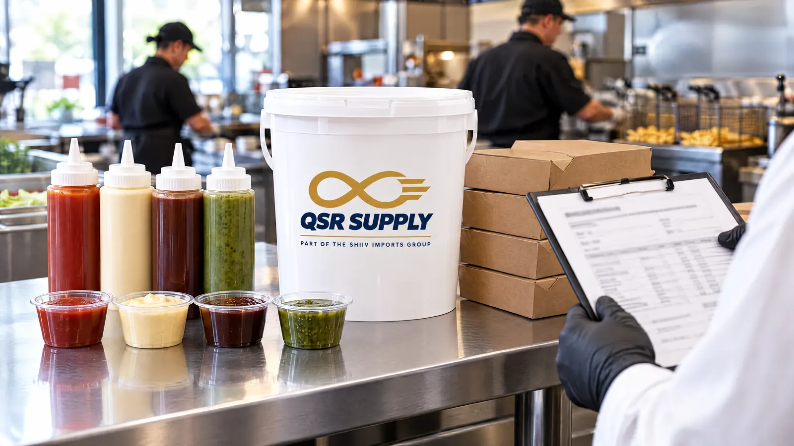 Sauces in squeeze bottles and dip cups on a QSR prep bench beside a bulk sauce pail carrying the QSR Supply logo and a product specification sheet