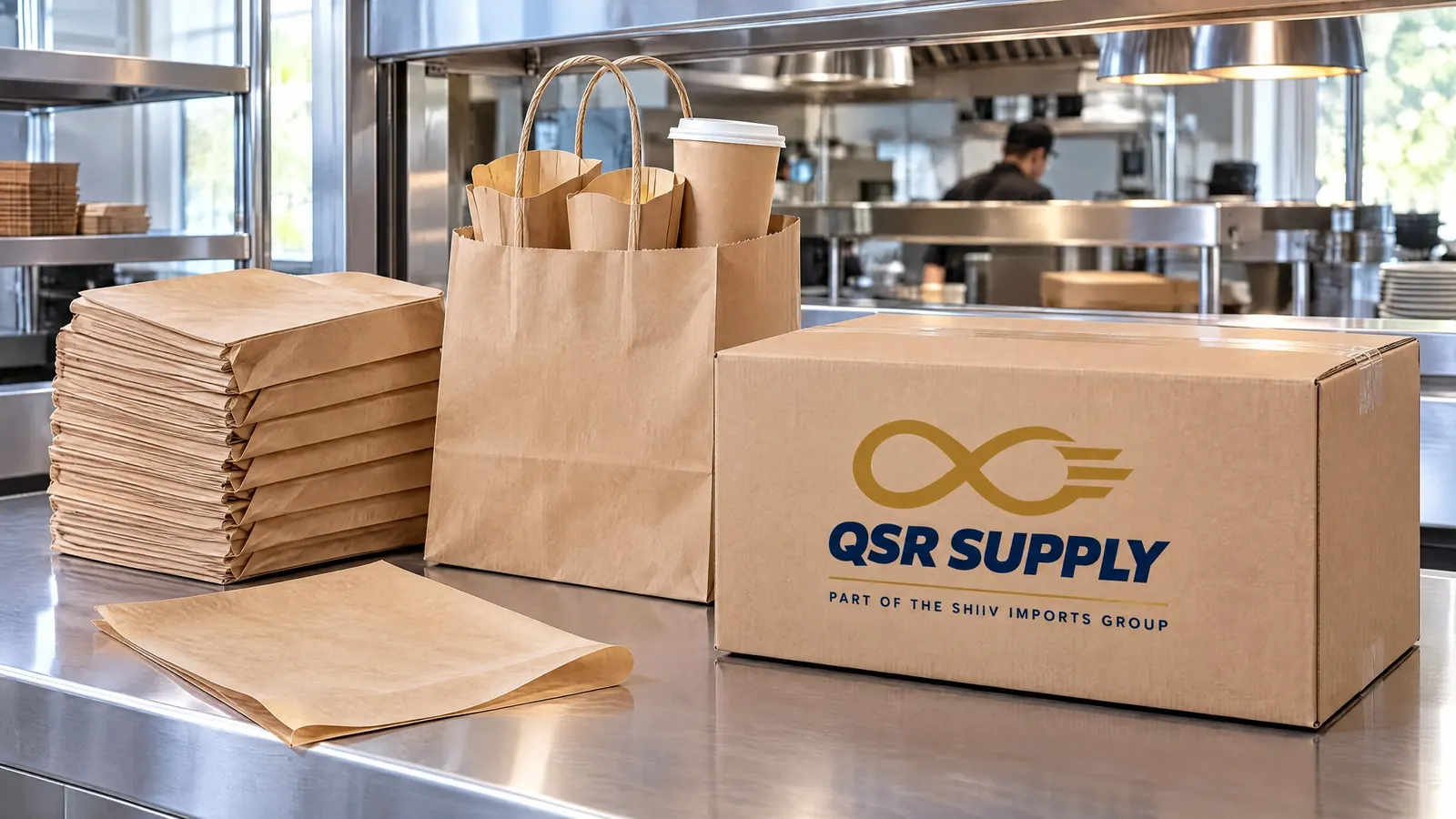 Stacked plain kraft SOS takeaway bags and a twisted-handle kraft carry bag with fry cartons on a stainless QSR counter beside a kraft carton showing the QSR Supply logo
