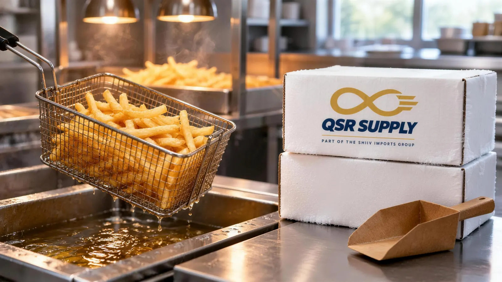 Golden French fries lifted from a commercial fryer beside plain frozen cartons carrying the QSR Supply logo