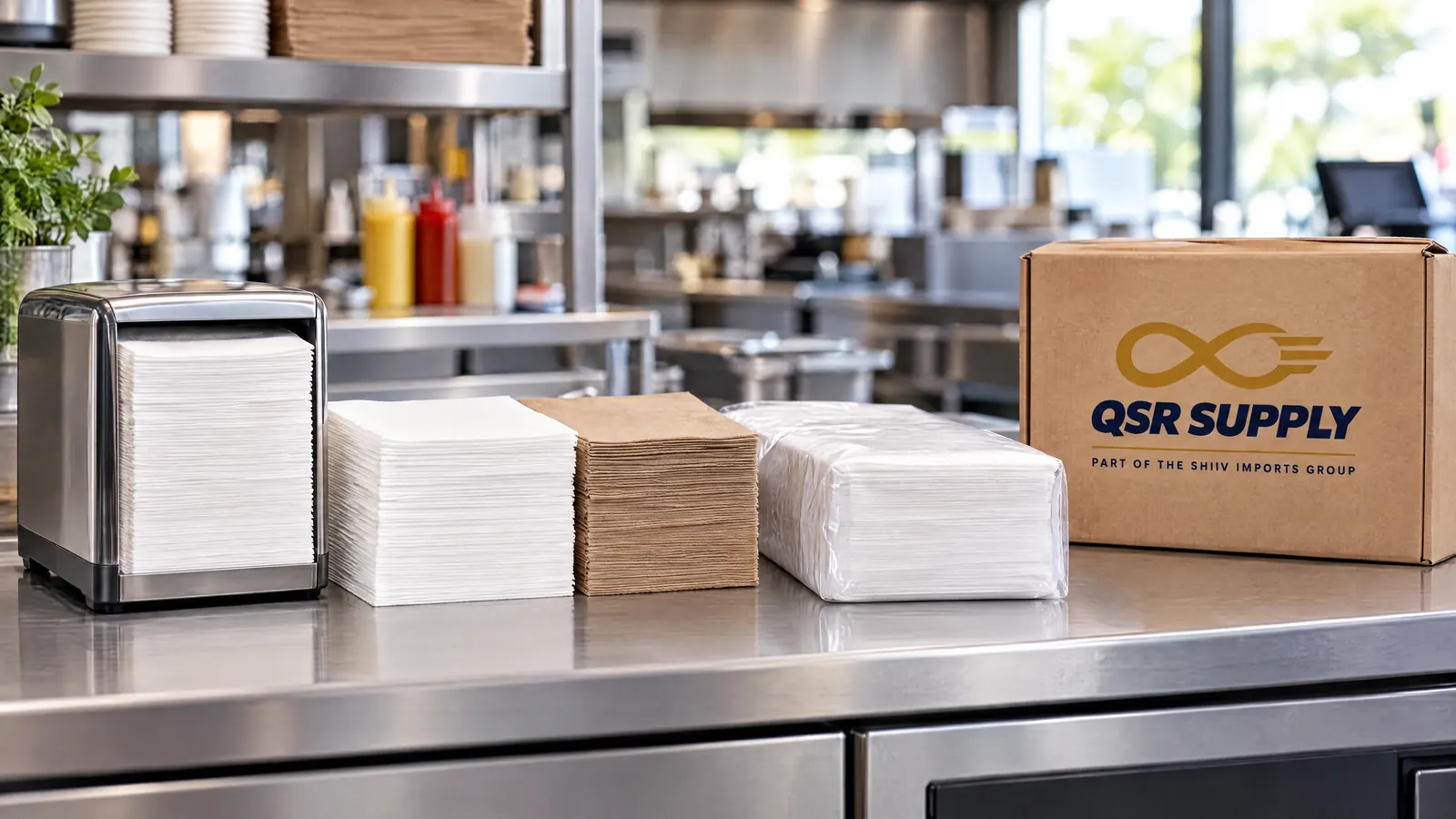 Plain white and kraft dispenser napkins with a napkin dispenser and food-hygiene hand towels on a QSR counter beside a carton carrying the QSR Supply logo