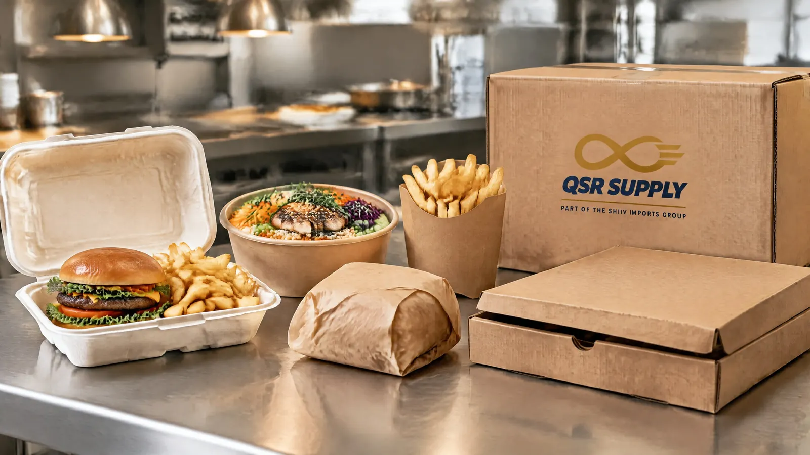 Plain moulded fibre clamshells, kraft burger wraps, bowls and a pizza box on a stainless QSR pass beside a kraft carton carrying the QSR Supply logo