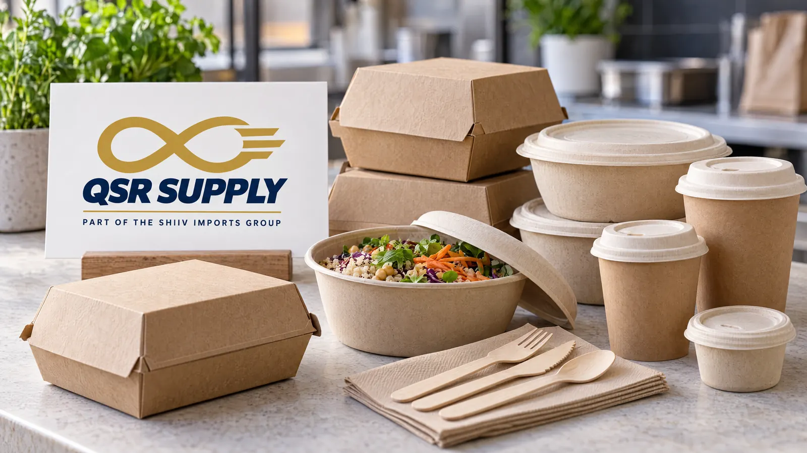 QSR Supply logo above clear takeaway containers, cups, white paper bags and brown napkins on a light surface