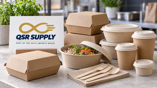 QSR Supply logo above clear takeaway containers, cups, white paper bags and brown napkins on a light surface