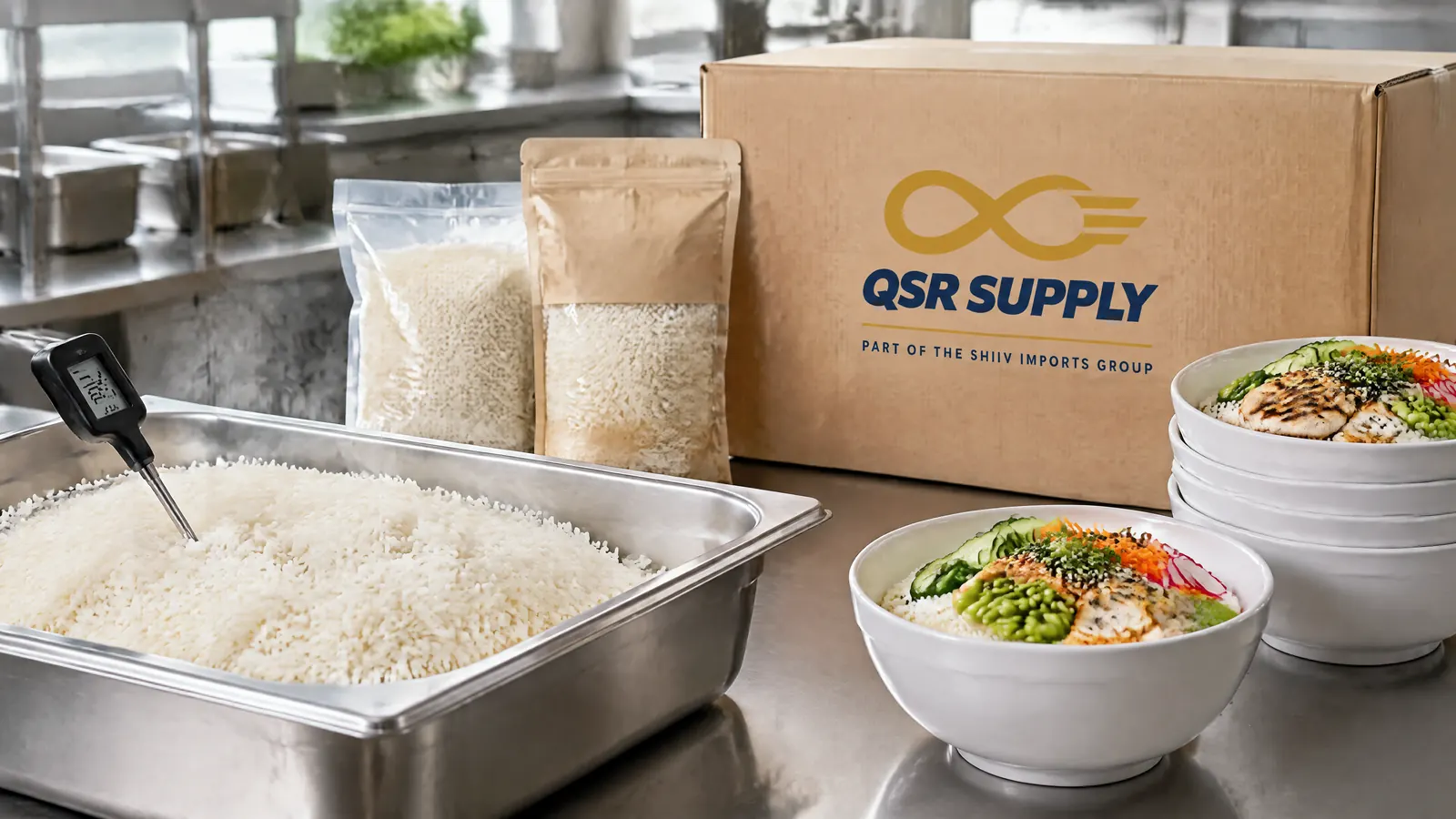 Steamed white rice in a stainless gastronorm tray with a probe thermometer, plain precooked rice pouches and rice bowls on a QSR prep counter beside a carton carrying the QSR Supply logo