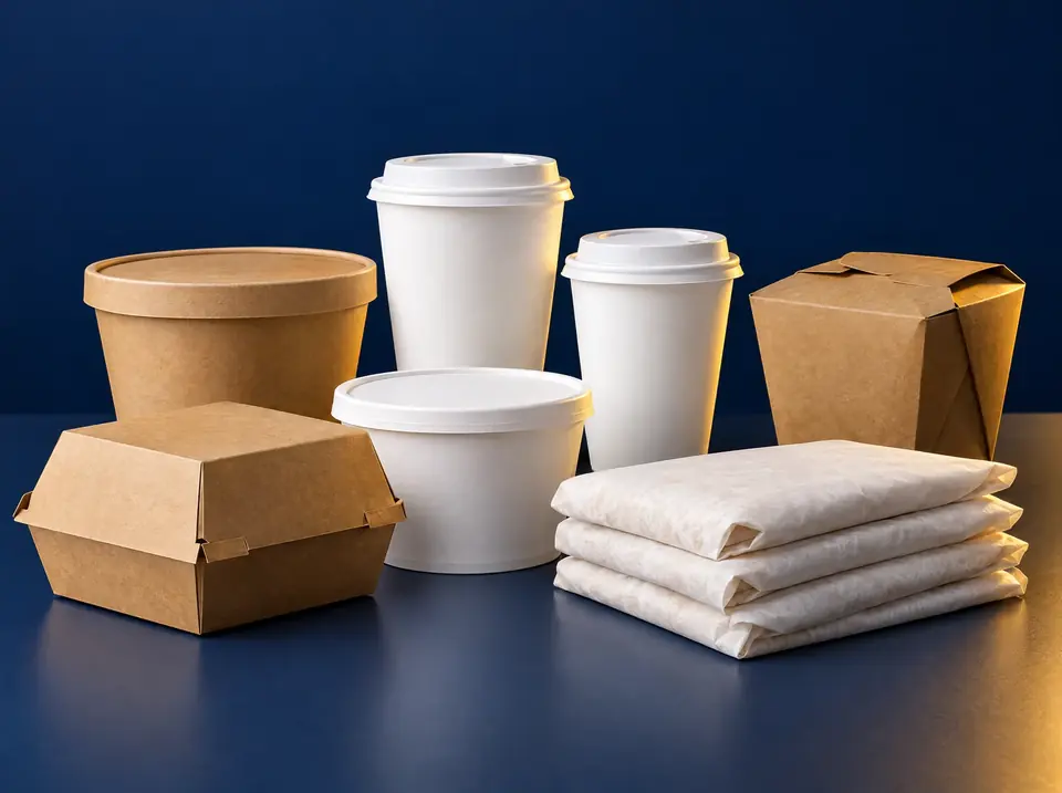 Clear food cups with lids, a clamshell container and folded paper wraps on a steel bench