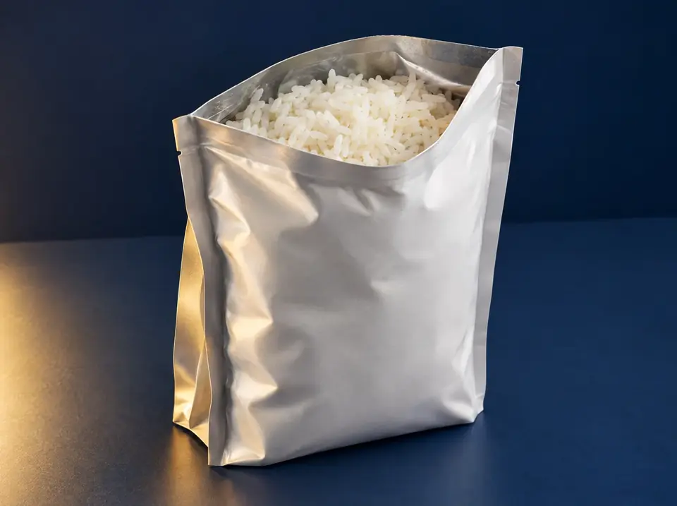 Large open tub of white precooked rice on a stainless kitchen bench, with a small portion cup