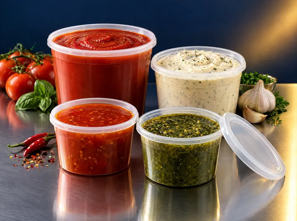 Clear foodservice tubs of red, orange and green sauces on a steel bench, with a ladle