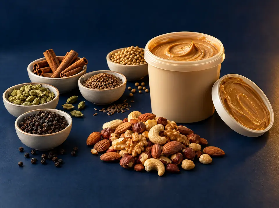 Small bowls of ground spices, nuts and seeds on a dark wooden bench